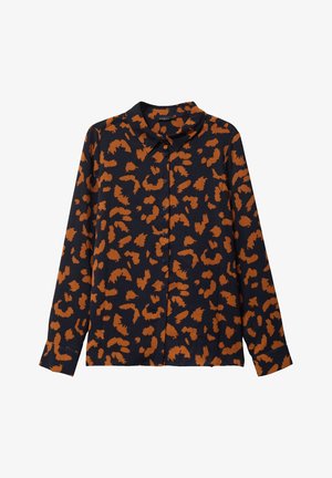 Camicia nera a maniche lunghe con bottoni, decorata con un motivo a stampa leopardata arancione bruciato e un colletto classico.