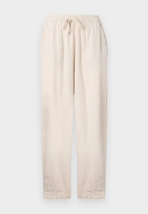 Beidzas lina bikses ar elastīgu jostu un auklu. Iespējas divas sānu kabatas un brīvs piegriezums ar taisnām kājām.