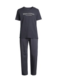 Mørkeblå bomulds pyjamas sæt bestående af en T-shirt med korte ærmer og hvidt trykt tekst samt matchende bukser med elastisk talje.