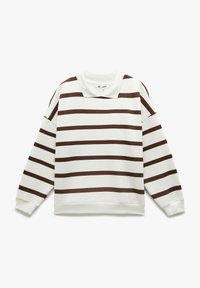 Felpa bianca con righe orizzontali marroni, dotata di colletto e polsini a coste. Tessuto morbido, vestibilità rilassata e orlo rifinito.