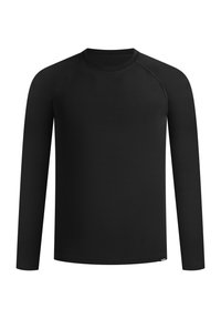 Schwarzes Langarmshirt mit Rundhalsausschnitt, aus glattem Stoff gefertigt. Mit Raglanärmeln und geradem Saum. Keine Muster oder Verzierungen.