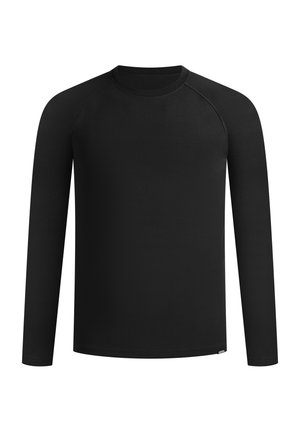 Sort langærmet skjorte med rund hals, lavet af glat stof. Har raglanærmer og en lige kant. Ingen mønstre eller udsmykninger.