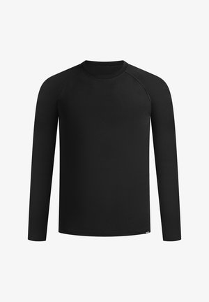Schwarzes Langarmshirt mit Rundhalsausschnitt, aus glattem Stoff gefertigt. Mit Raglanärmeln und geradem Saum. Keine Muster oder Verzierungen.