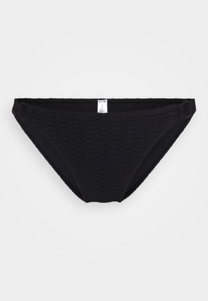 Melnas bikini apakšda ar teksturētu viļņu rakstu, zemu jostasvietu, elastīgu jostasvieta un sānu atverēm, lai pielāgotu fit.