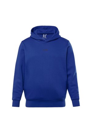 Sudadera con capucha de color azul real, confeccionada en una suave mezcla de algodón, que presenta un bolsillo canguro y puños acanalados. Pequeño logotipo de la marca en el pecho.