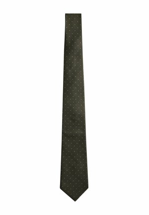 Ciemnozielony krawat z jasnymi małymi groszkami równomiernie rozmieszczonymi na tkaninie na białym tle.