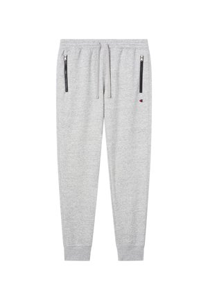 Pantaloni della tuta grigio chiaro con vita elastica e coulisse, dotati di due tasche laterali con cerniera e orli con risvolto. Tessuto morbido e strutturato.