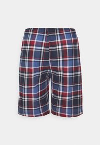 Geruite shorts van katoen in marineblauw, rood en blauw. Elastische tailleband en knielange snit met horizontale en verticale lijnen.