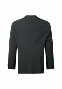 Schwarzer, taillierter Blazer mit glatter Textur, einfacher Rückenbelüftung und langen Ärmeln, ausgestattet mit einem Reverskragen und Knopfakzenten an den Manschetten.