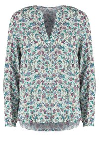 Blouse imprimée à fleurs avec manches longues, encolure en V et fermeture boutonnée. Le tissu présente des couleurs pastel avec des motifs détaillés de fleurs et de feuilles.