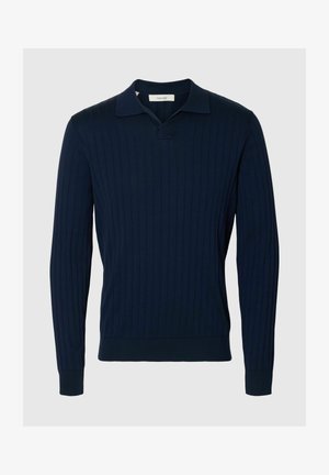 Tumesinist värvi soonikkoes pika varrukaga polo-särk, pehme krae ja mansettidega, loodud istuva ja vabaaja välimuse jaoks.