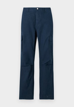 Navy blue cargo pants made of cotton, featuring two side pockets, straight leg design, and a front button closure. Smooth texture.