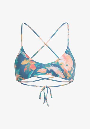 Cvetni bikini zgornji del v modri barvi z rožnatimi in zelenimi vzorci, z križnimi naramnicami in vezanjem na dnu. Gladka tekstura.
