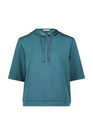 Teal lichte pullover hoodie met een ronde halslijn, korte mouwen, verstelbare trekkoord en zilverkleurige hardware accenten.