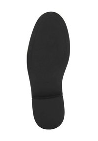 Zwarte rubberen schoenzool met gestructureerde groeven, licht gebogen vorm en een gladde bovenrand. De merknaam is nabij de achterkant geperst.