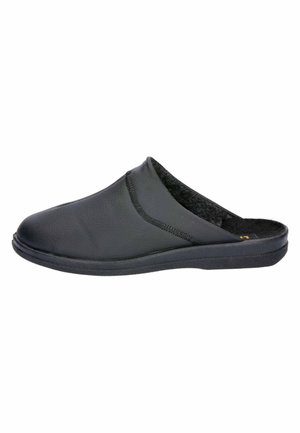 Black leather slip-on shoe with a rounded toe, textured upper, and soft inner lining. Features a durable rubber sole for grip.