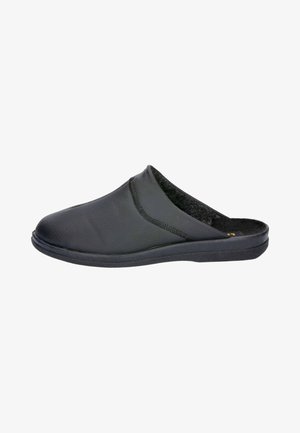 Black leather slip-on shoe with a rounded toe, textured upper, and soft inner lining. Features a durable rubber sole for grip.