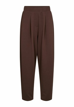 Hnedé nohavice so zvýšeným pásom, zužujúcim sa strihom, s prednými záhybmi a elastickým pásom, dĺžka po členky, vyrobené z mäkkého materiálu.