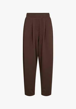 High-waisted brown tapered trousers with front pleats and elastic waistband, ankle length, made of soft fabric.