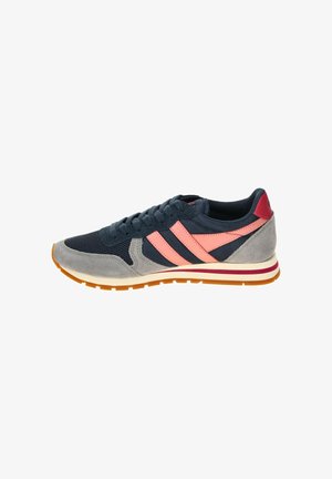 Navy mesh and suede sneaker with pink stripes, rubber sole, and soft texture. Features a padded collar and contrasting orange outsole.