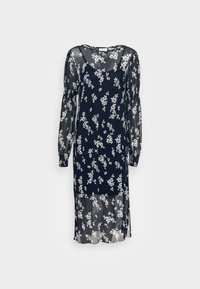 Vestido floral em azul marinho com padrões de flores brancas, mangas longas transparentes, decote redondo e comprimento até o joelho com fendas laterais.