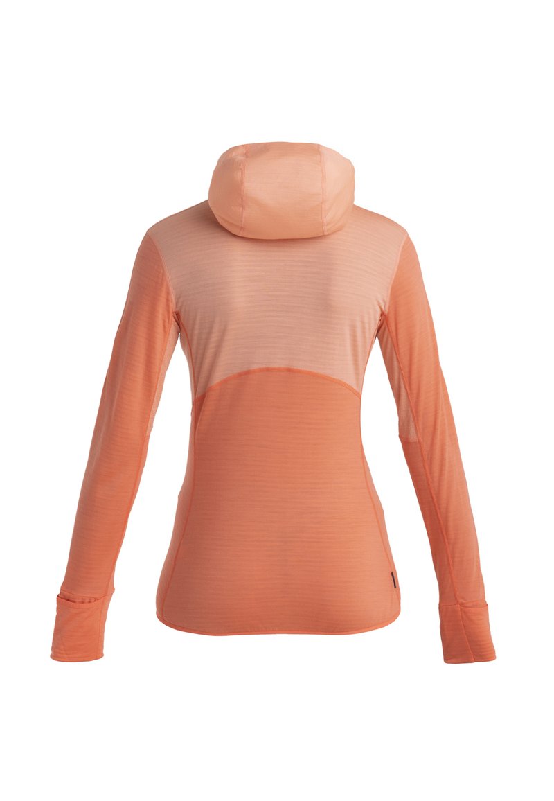 Haut de sport à manches longues en corail clair, avec capuche, texture côtelée et panneaux contrastants. Des trous pour les pouces aux manches offrent un confort supplémentaire.