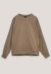 Felpa marrone realizzata in morbido misto cotone. Caratterizzata da maniche raglan, scollatura ampia e polsini a costine. Tessuto liscio con un fitting rilassato.