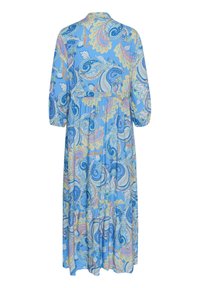 Modra paisley midi obleka z rokavi do tri četrtine, ovratnikom na gumbe in večplastnim krilom. Gladek material z zapletenimi vzorci.