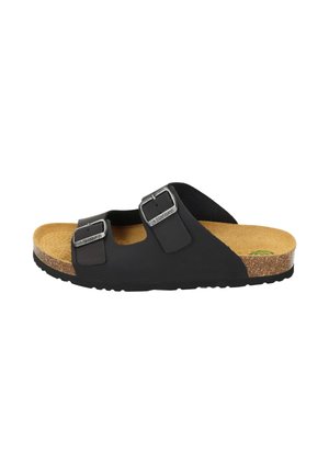 Zwarte slide sandaal met twee verstelbare gespen, kurken voetbed en een getextureerde zool. Gladde bovenkant met een matte afwerking.