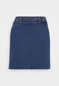 Denimkjol i mörkblått med figursydd midja, två framknappar och rak skärning. Har minimal sömnad och en ren fåll.