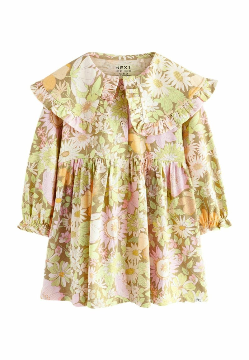 Blumenkleid mit großem fransigen Kragen, in Grün, Pink und Creme. Lange Ärmel mit elastischen Bündchen; Knöpfe vorne.
