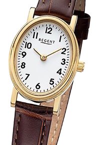 Montre ronde en doré avec un cadran blanc, des chiffres arabes noirs et un bracelet en cuir marron. Comprend une aiguille des secondes en or et une couronne.