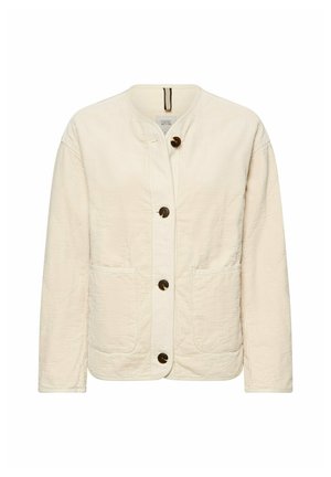 Crèmekleurig gewatteerd jack met lange mouwen, ronde halslijn, vier bruine knopen aan de voorkant en twee opgestikte zakken aan de voorkant.