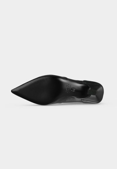Chaussure à talon haut noire à bout pointu vue du côté de la semelle montrant une semelle lisse et un marquage intérieur.