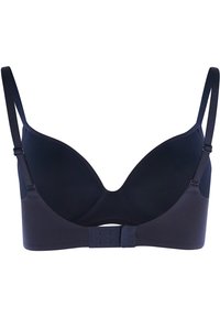Granatowy biustonosz z wyściełanymi miseczkami, regulowanymi ramiączkami i zapięciem na haftki. Gładka tekstura i konturowy krój zapewniający wsparcie.