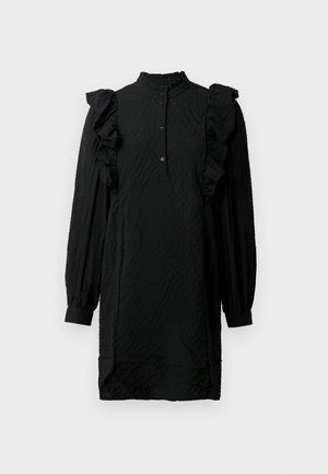 Black dress featuring a high collar, button closure, long sleeves, and ruffled accents on the shoulders; textured, lightweight fabric.