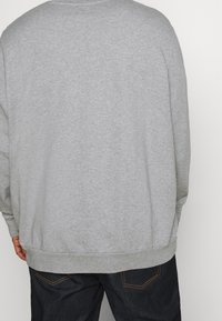 Sudadera gris con mangas largas, cuello redondo, puños y dobladillo acanalados. Pareja de jeans oscuros visibles en la parte inferior, sin logotipos prominentes a la vista.