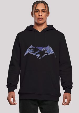 Black pullover hoodie with a large bat symbol graphic in blue and gray tones. Features a front pocket and ribbed cuffs.