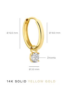 14k massives Gelbgold-Hoop-Ohrringe mit einem Durchmesser von 12 mm, ausgestattet mit einem 3 mm großen Zirkonia-Anhänger. Glatte Oberfläche, offenes Design, sicherer Verschluss.