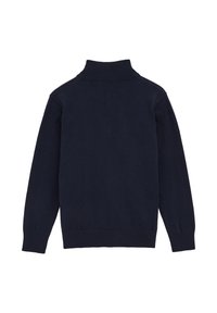 Marinblå polotröja gjord av mjukt stickat tyg. Har långa ärmar och ribbad kant vid kragen och nederkanten.