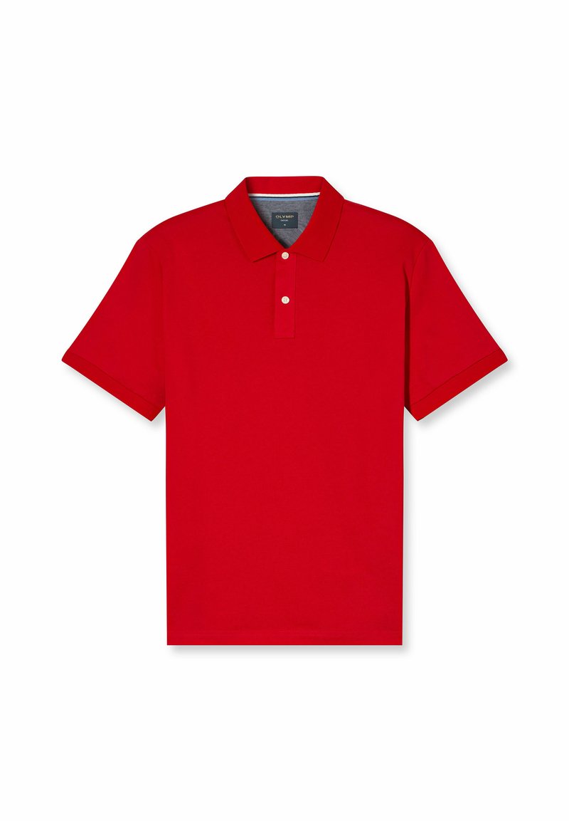Maglietta polo rossa in un morbido cotone misto, con colletto classico e maniche corte. Patta con due bottoni, colore uniforme senza motivi.