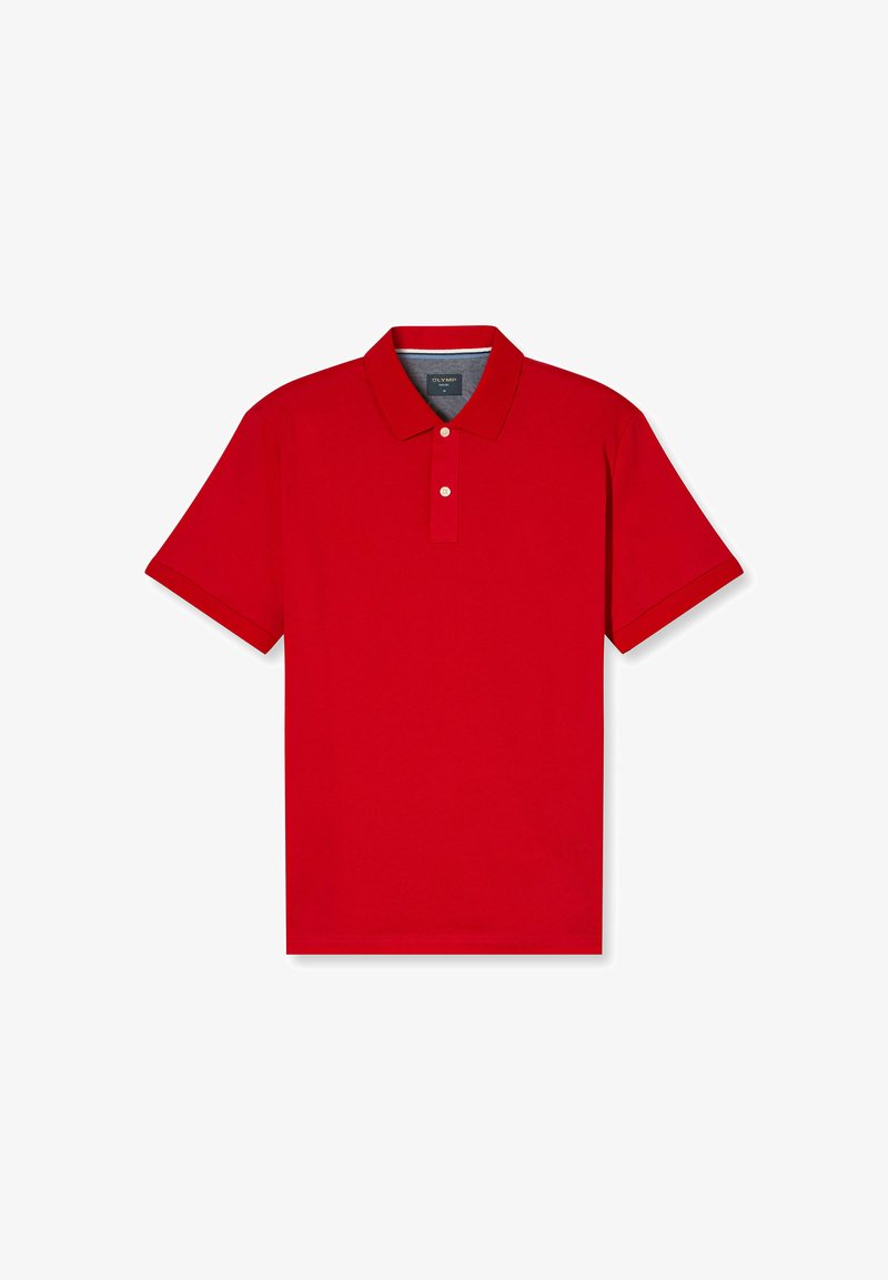 Rotes Polo-Shirt aus einer glatten Baumwollmischung, mit klassischem Kragen und kurzen Ärmeln. Zwei-Knopf-Leiste, einfarbig ohne Muster.