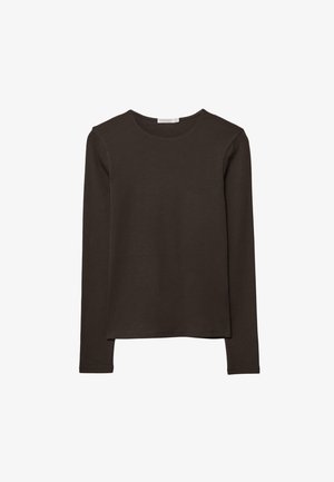 Long-sleeve dark brown top made of soft fabric. Features a rounded neckline and straight hem, with no visible patterns or accents.