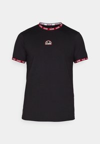 Black short-sleeve t-shirt with red and white striped collar and cuffs. Features a small embroidered logo at the chest. Soft cotton material.