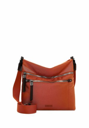 Red fabric shoulder bag with adjustable strap, featuring two front zippered pockets, brown accents, and a smooth texture.
