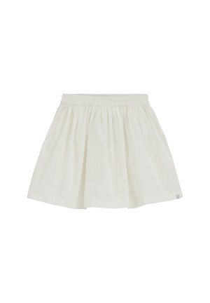 Biela sukňa po kolená s elastickým pásom a jemnými vyšívanými kvetinovými vzormi, nariasená pre bohatý, plynulý tvar.