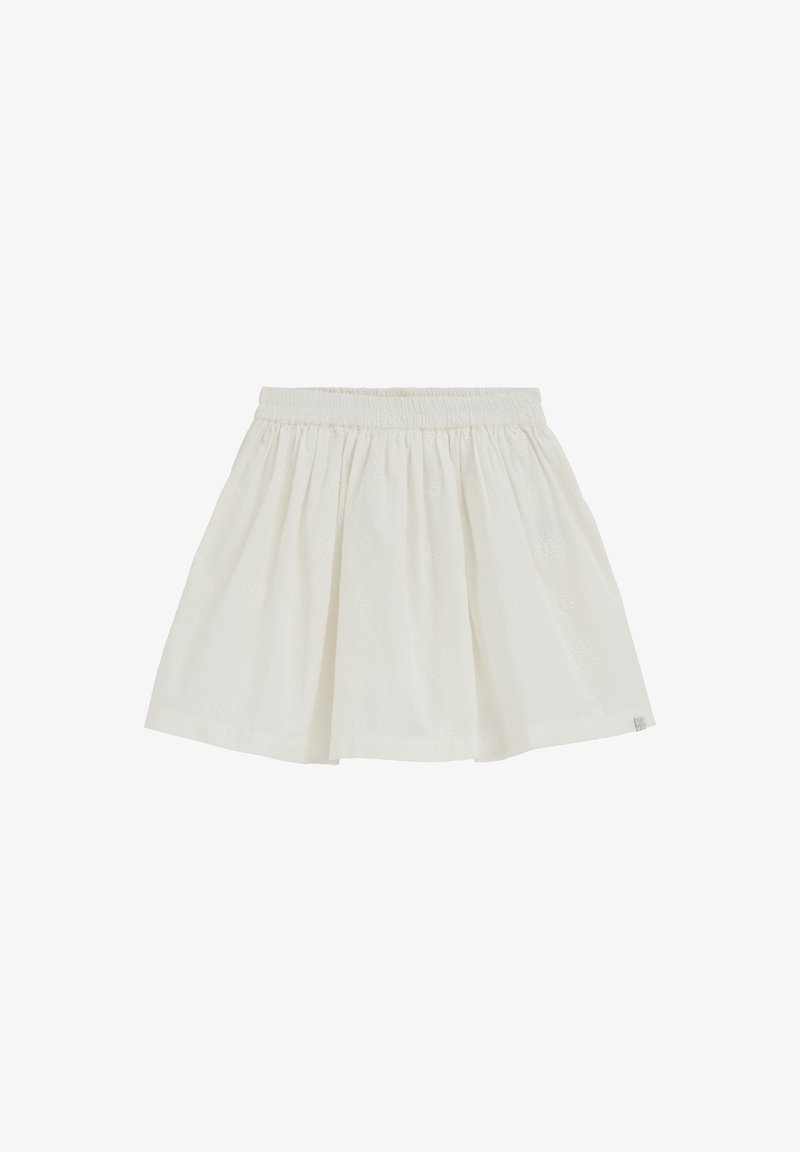 Bela krilo do kolen z elastičnim pasom in subtilnimi vezenimi cvetličnimi vzorci, nabranimi za polno, tekočo obliko.