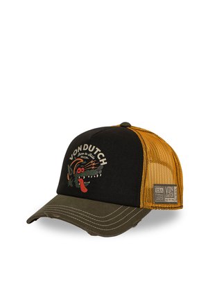 Gorra de béisbol con parte frontal negra, parte trasera de malla naranja, visera curva verde oliva y gráfico Von Dutch con un lobo de dibujos animados y texto.