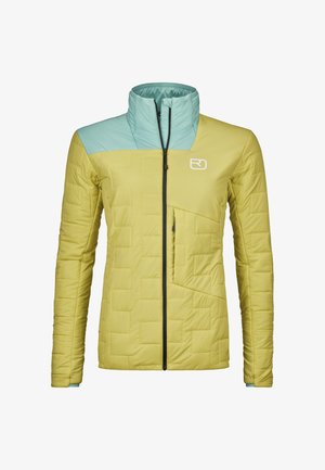Padded jacket in yellow with a mint green upper section, featuring a high collar, zipper front, and angled chest pocket with a textured pattern.
