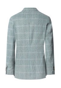 Blazer a quadretti verde chiaro realizzato in tessuto texturizzato, con colletto a punte, maniche lunghe e polsini con bottoni. Vista posteriore mostrata.
